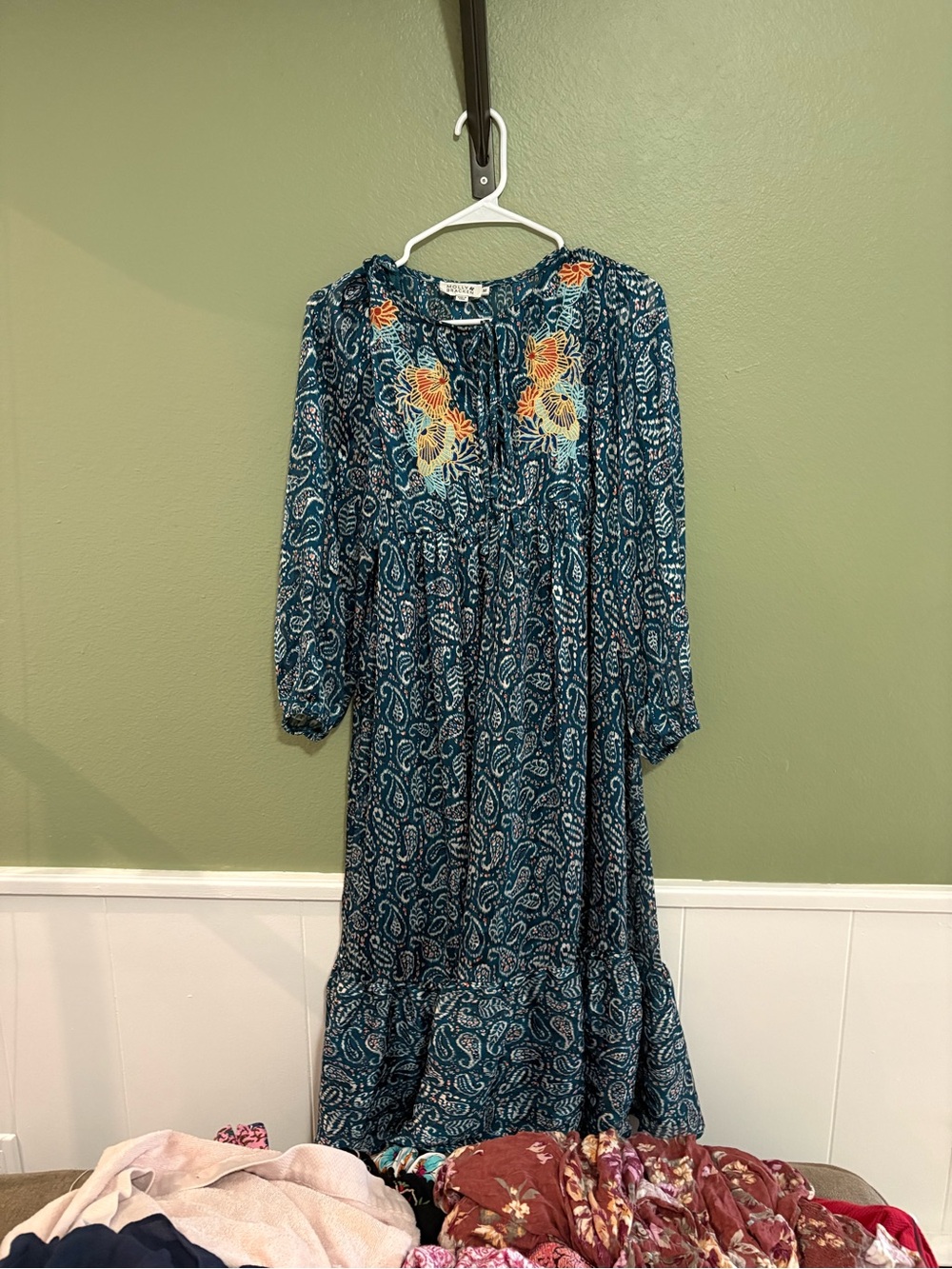 Madewell Teal Paisley Midi Dress with Orange & Yellow Floral Embroidery